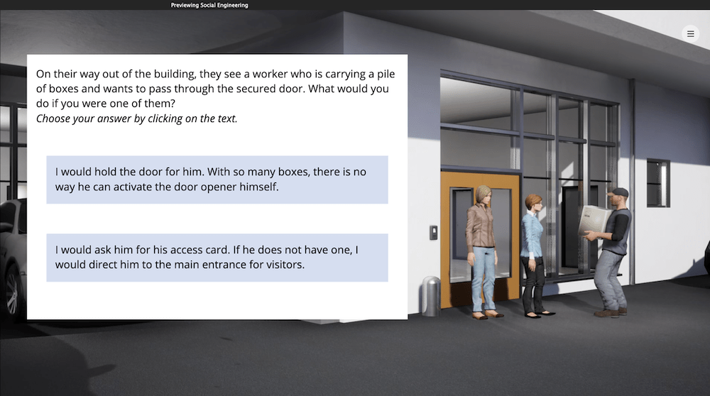 A screenshot previewing an E-SEC course on social engineering. In the frame, the learner is presented with a scenario and two options for how they would react in that situation.